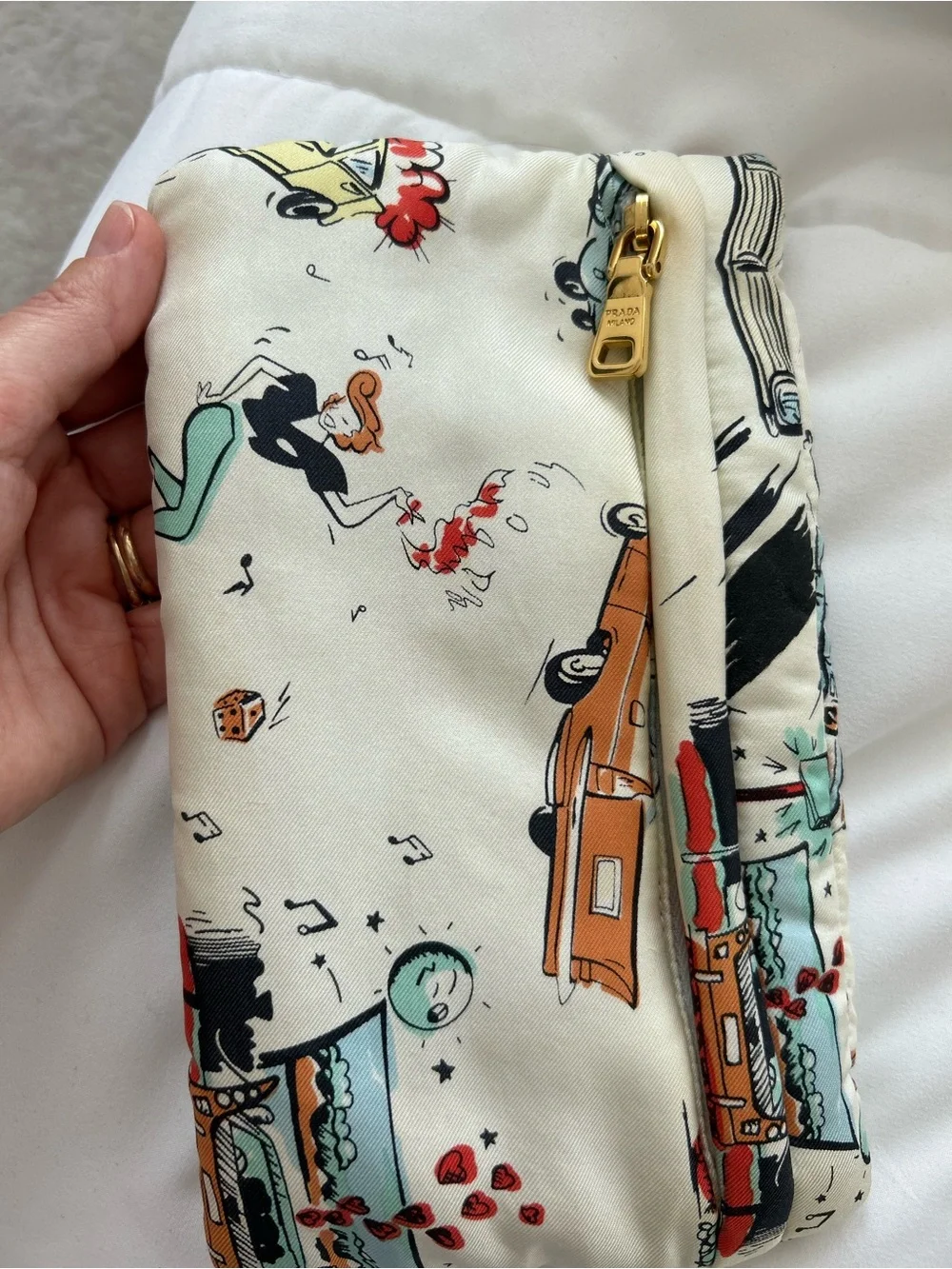 Prada Cream Silk Automotive Print Accent Pillow with Red & Teal Details